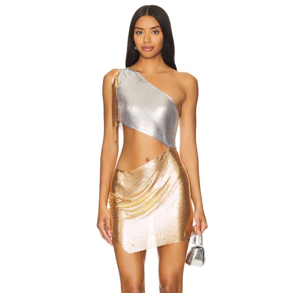 NBD One-Shoulder Metallic Silver and Gold Mini Dress